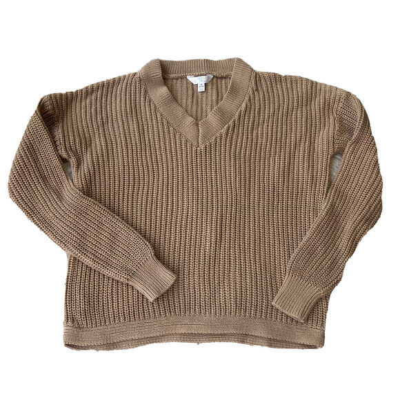 Time & Tru Sweater Sz M Brown V-Neck Raglan Long Sleeve Chunky Pullover Cotton - Picture 1 of 9